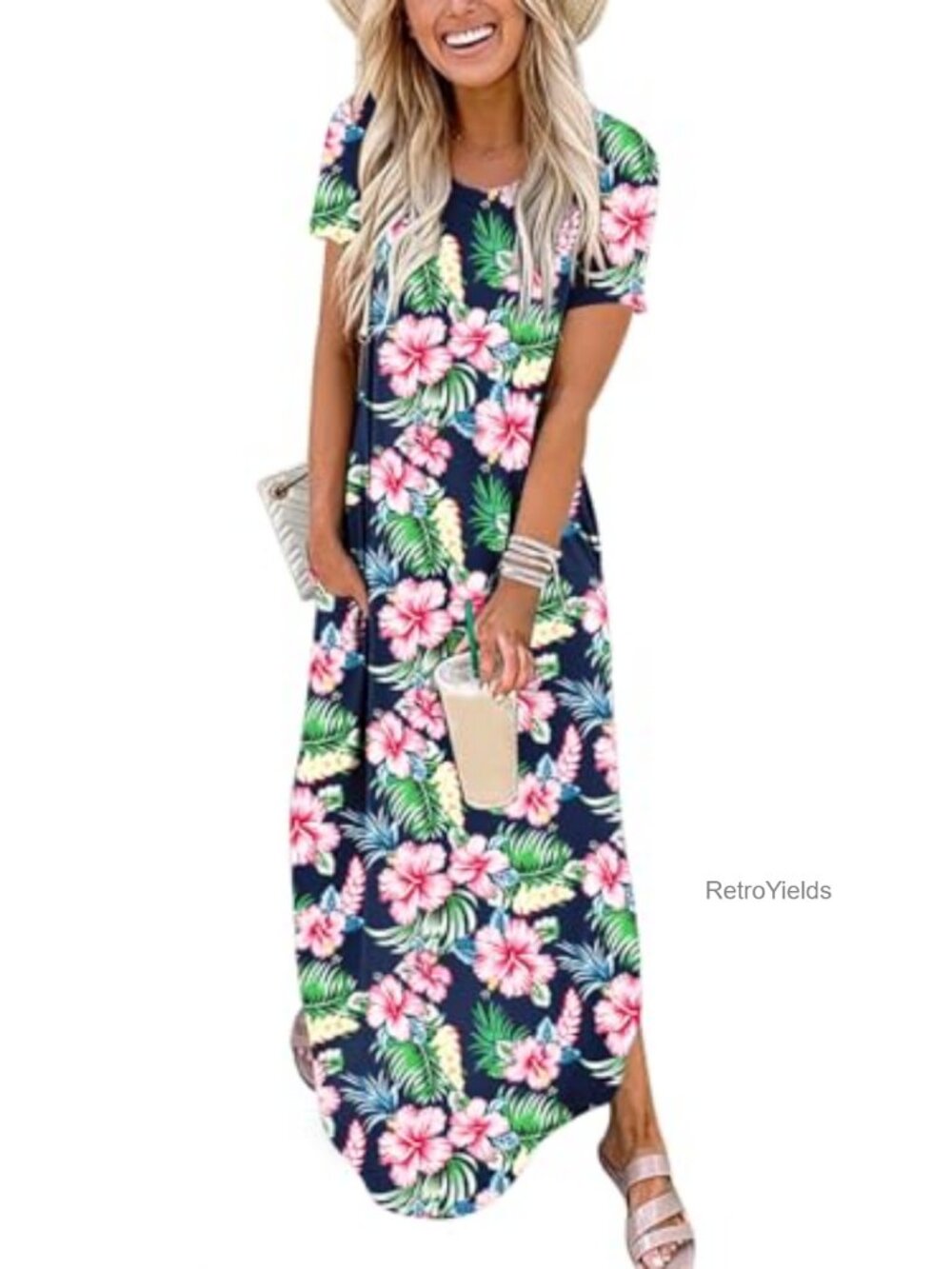 Womens Summer Maxi Dress Short Sleeve Casual Loose Long T Shirt